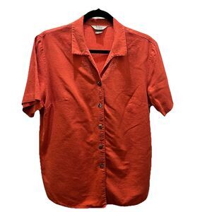 Vintage Teddi Linen Blend Button Up Coral Orange Embroidered Top Womens Size L